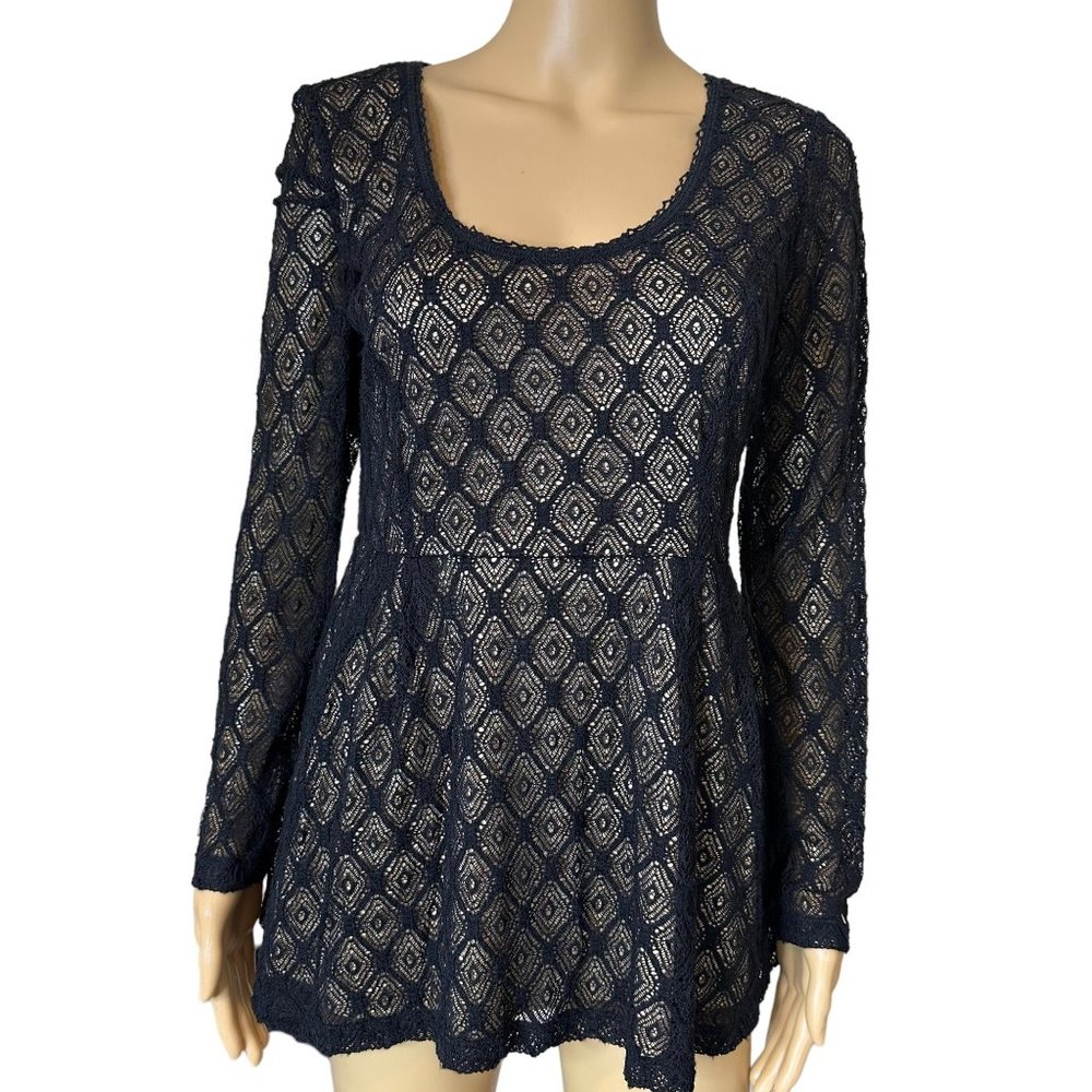 Catherine Malandrino Womens Peplum Blouse Medium M Black Beige Full Lace Lined